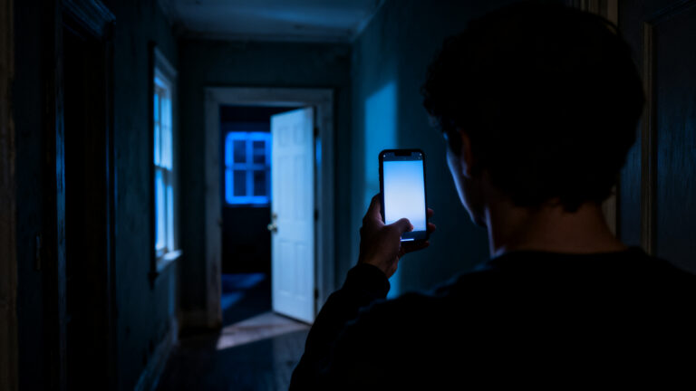 Persona que sosté un telèfon mòbil al passadís fosc d'una casa antiga.