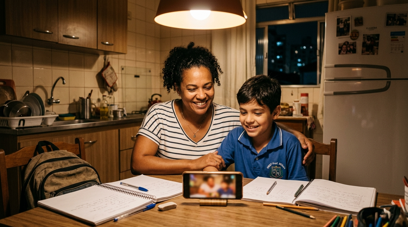 Família usando o celular junta na cozinha à noite
