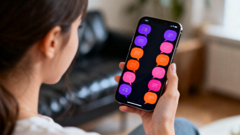 Telèfon mòbil que mostra una aplicació de missatgeria amb bombolles de parla de colors.