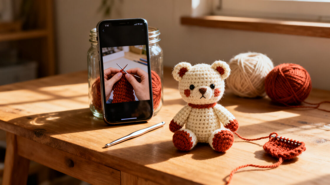 Urso de amigurumi feito à mão sobre mesa de madeira com agulha e novelos, e um celular apoiado ao fundo exibindo uma videoaula de crochê