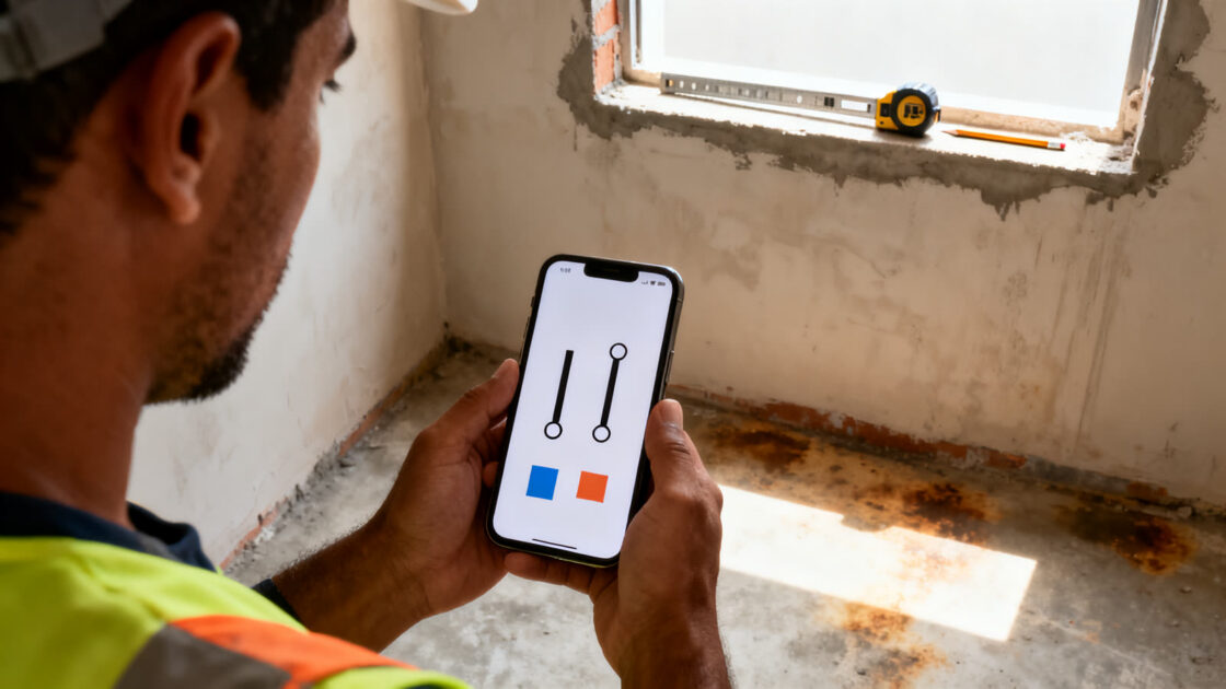 Pedreiro medindo o vão da janela com o celular num cômodo em obra