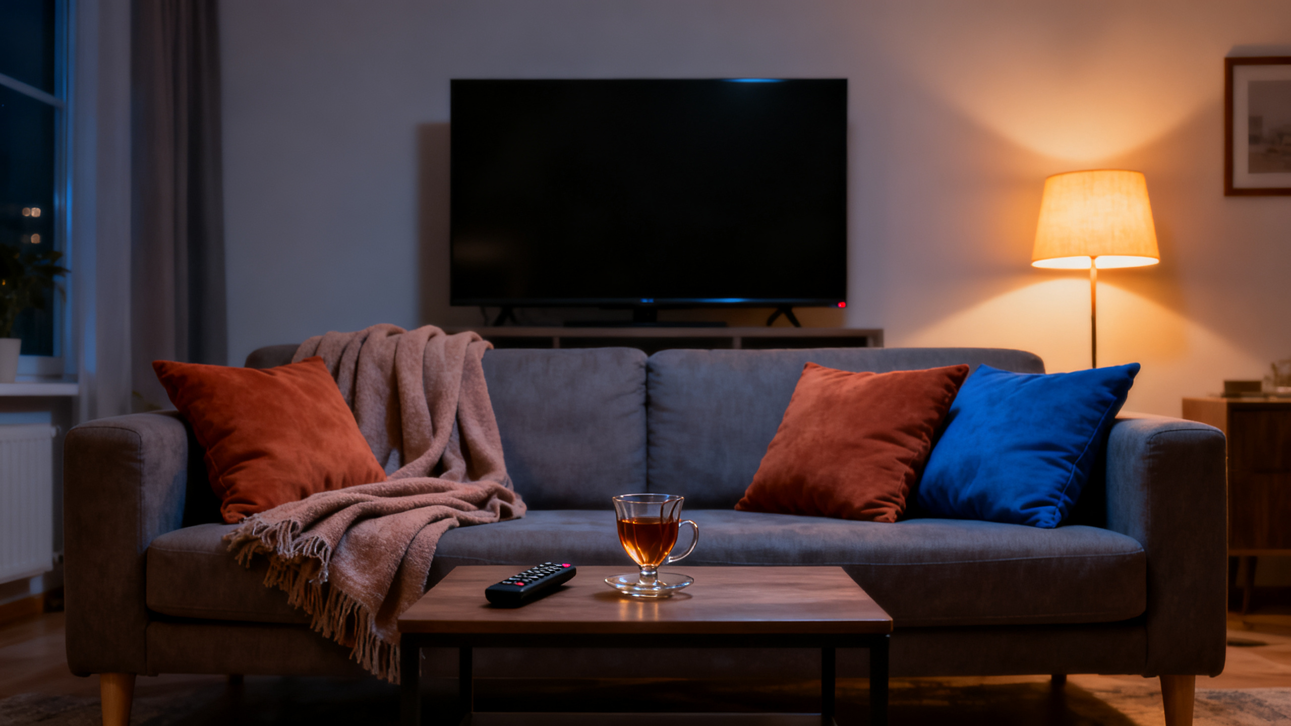 Sala de estar aconchegante à noite com televisão e sofá