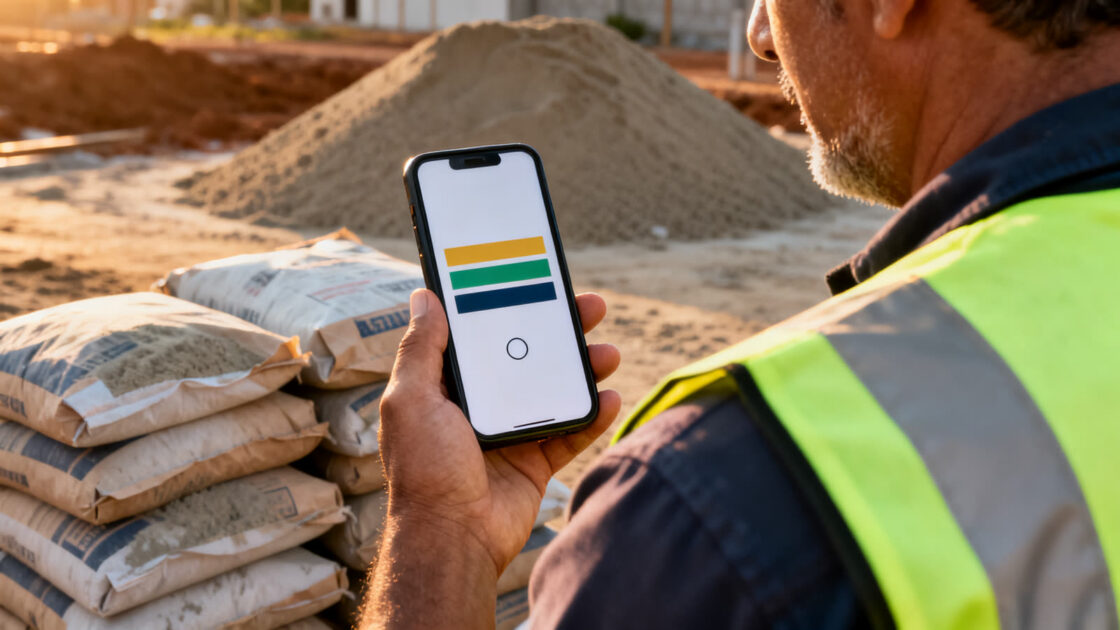 Mestre de obras conferindo o cálculo no celular ao lado dos sacos de cimento