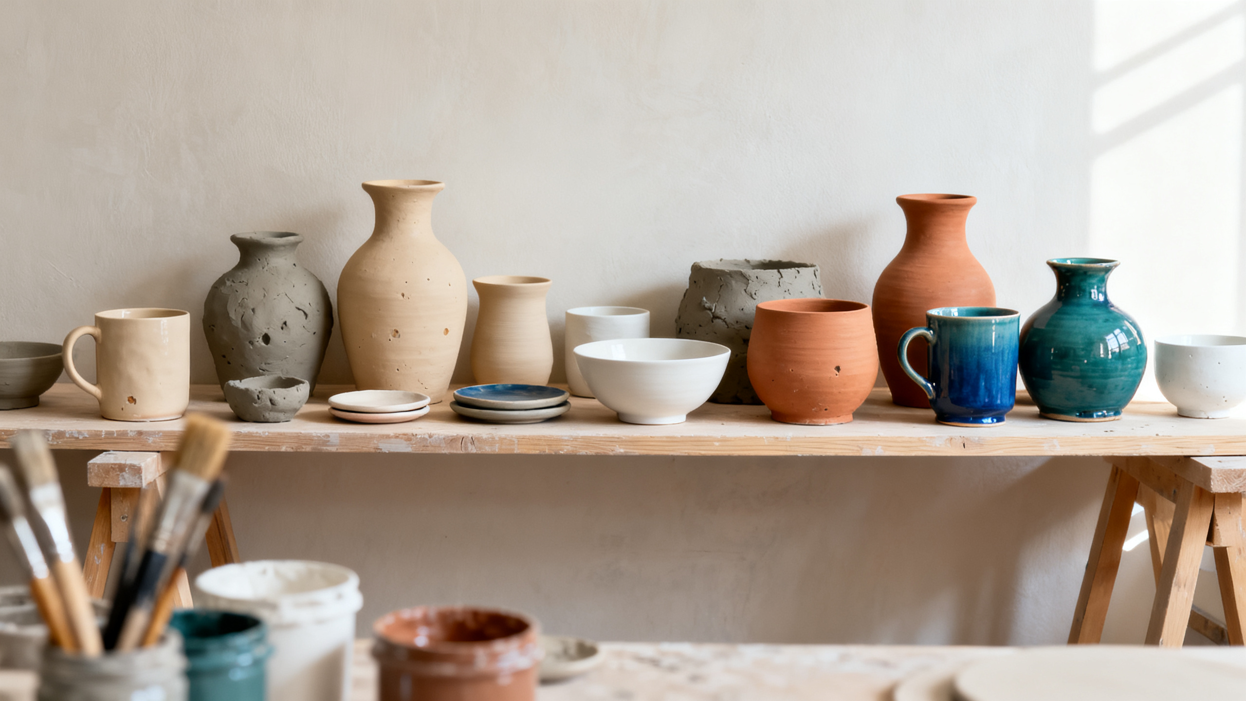 Prateleira de ateliê com peças de cerâmica artesanais cruas e esmaltadas
