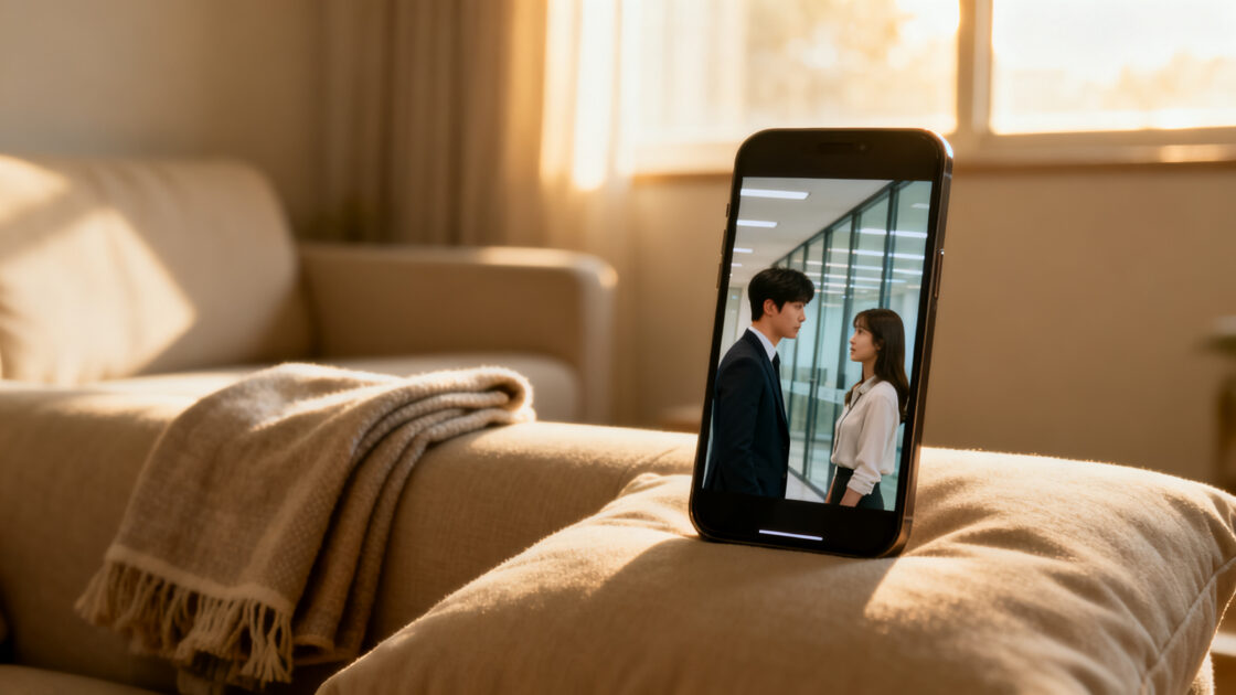 Celular apoiado no sofá exibindo uma cena de drama coreano entre um casal