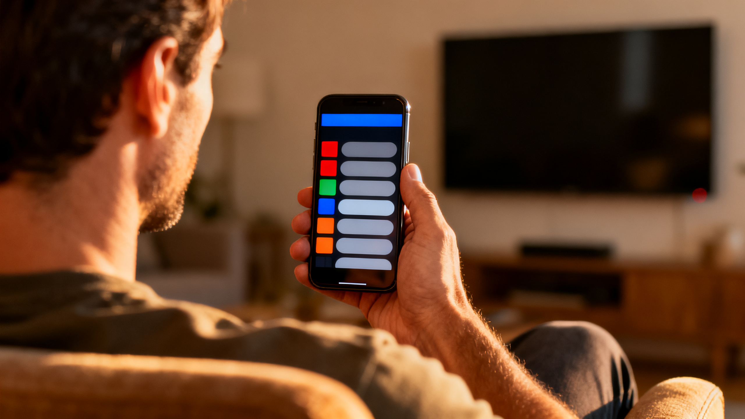 Pessoa no sofá segurando o celular com a televisão exibindo uma lista de filmes e séries