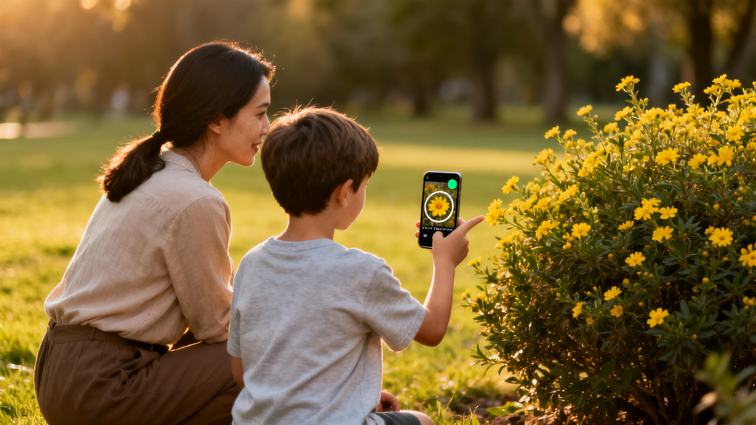 Criança apontando o celular para um arbusto de flores amarelas ao lado da mãe num parque