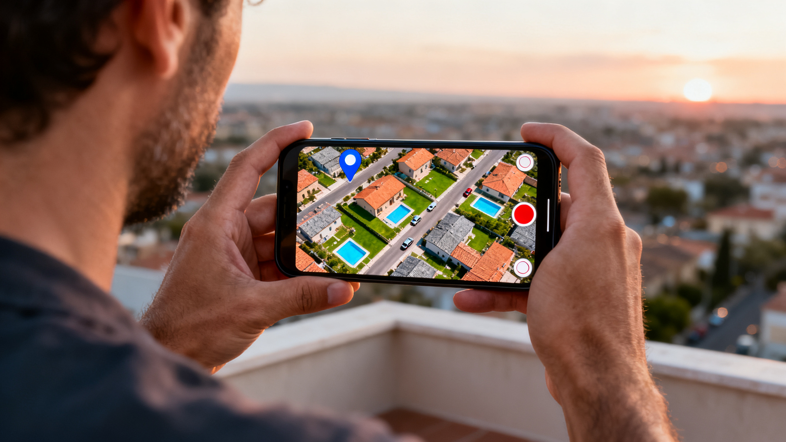 Homem num terraço segurando o celular com uma vista de satélite de um bairro na tela