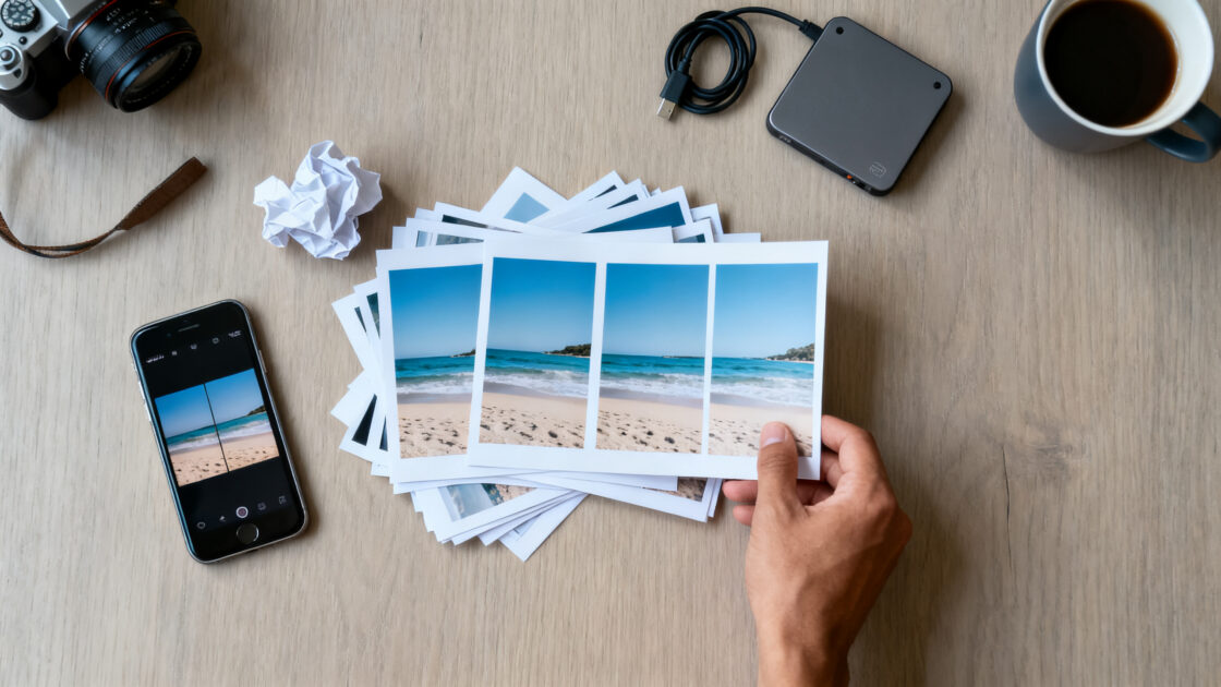 Mesa vista de cima com fotos impressas espalhadas e várias cópias iguais, ao lado de um celular mostrando a galeria com imagens duplicadas