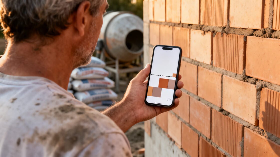 Pedreiro conferindo a parede de blocos com o celular no canteiro de obra