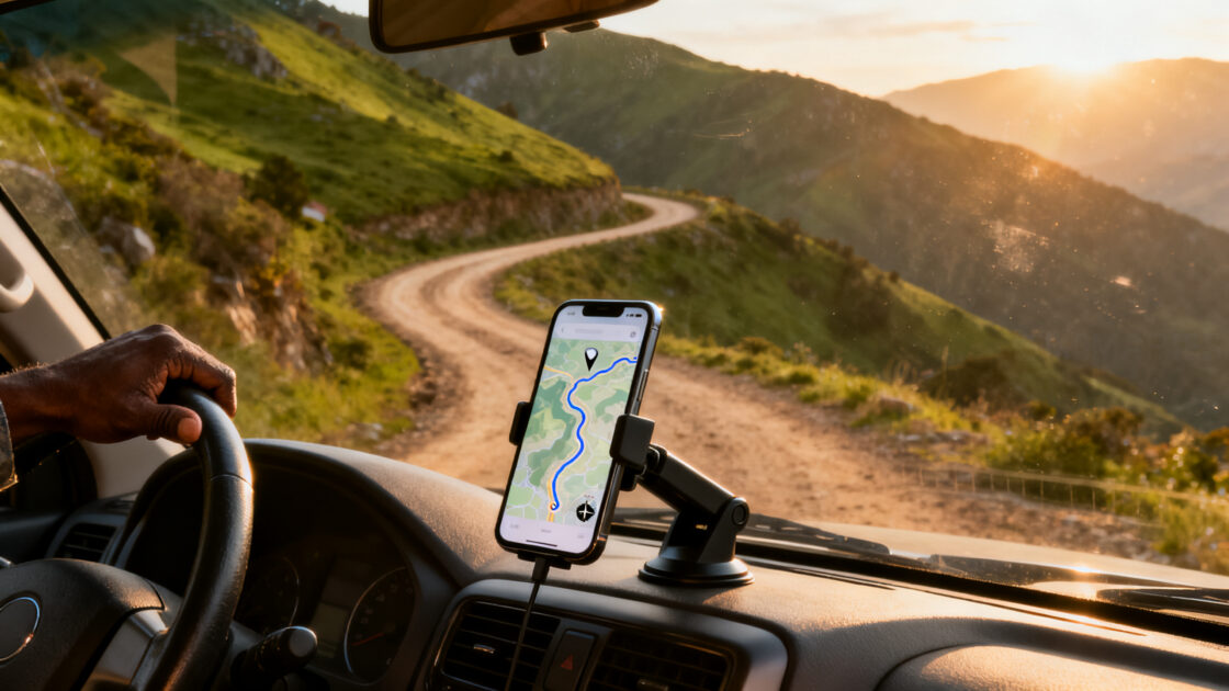 Celular em suporte no painel de um carro parado em estrada de montanha, exibindo mapa com rota traçada ao entardecer