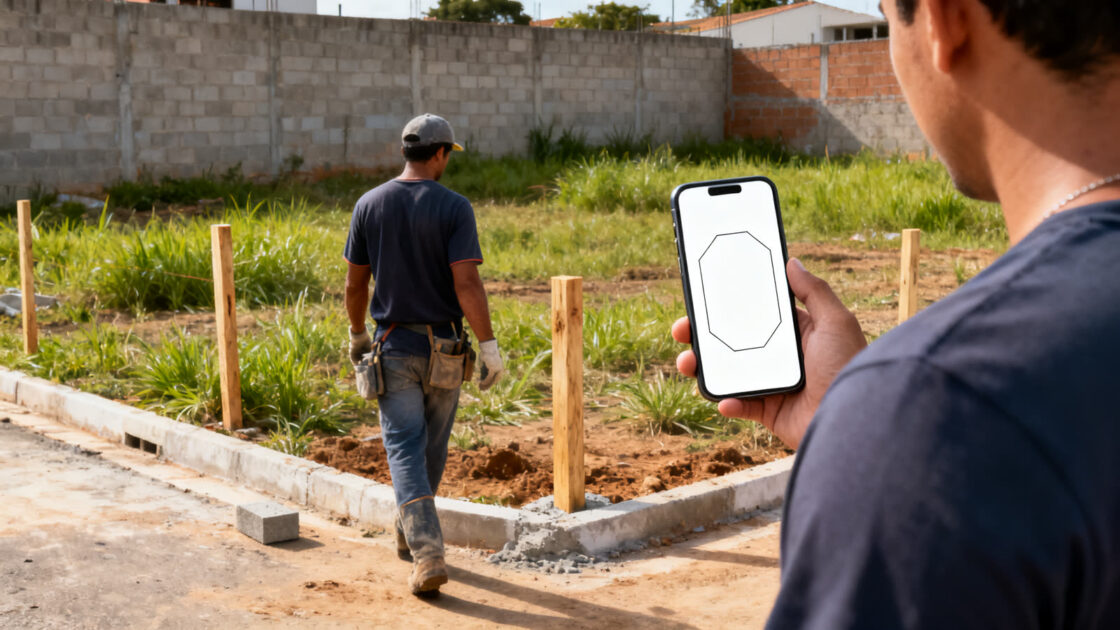 Pedreiro caminhando pela divisa do terreno com o celular na mão