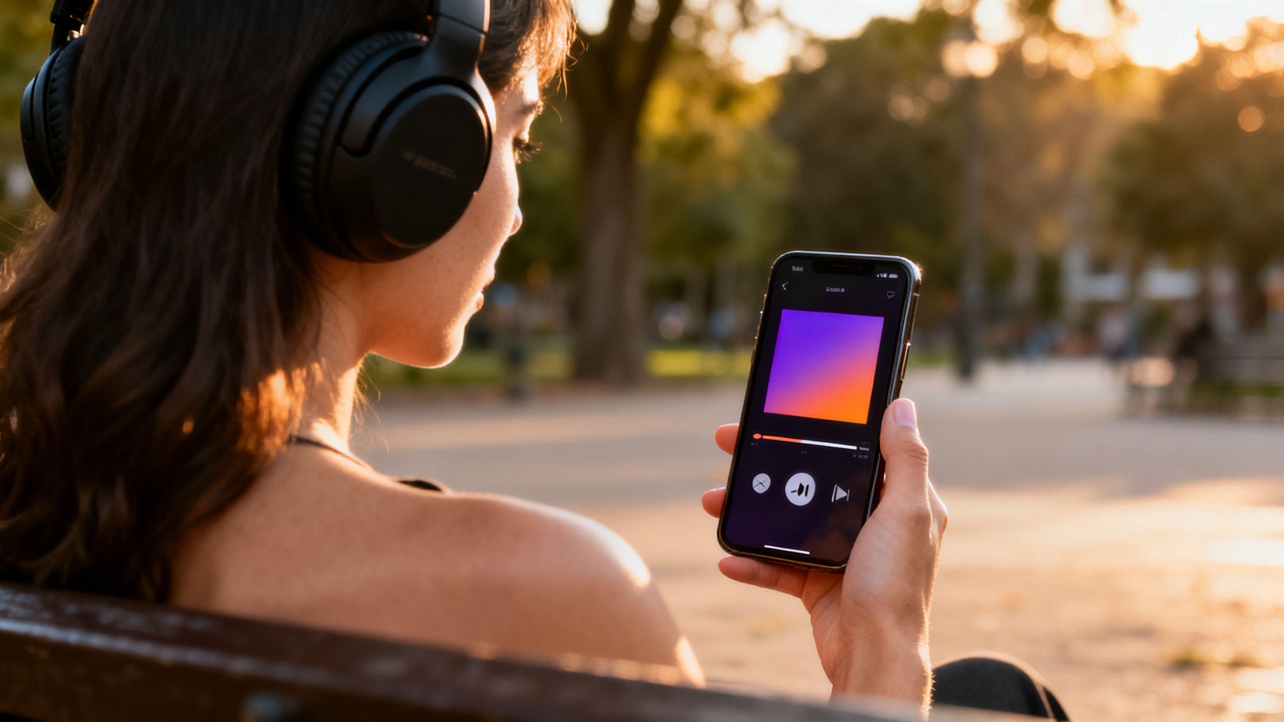 Mulher de fones de ouvido sentada em uma praça segurando o celular com um player de música aberto