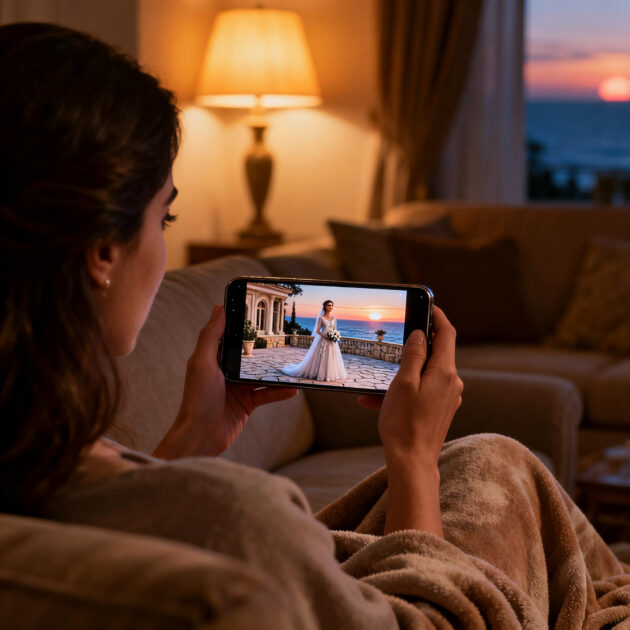 Mulher no sofá assistindo a uma cena de novela turca no celular à noite