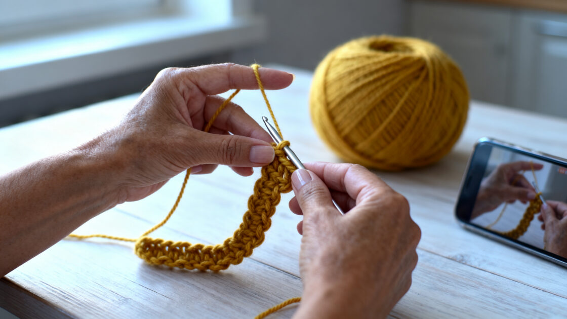 Close nas mãos de uma senhora fazendo uma corrente de crochê com fio amarelo, agulha com o laço à vista, sobre mesa de madeira com luz da manhã