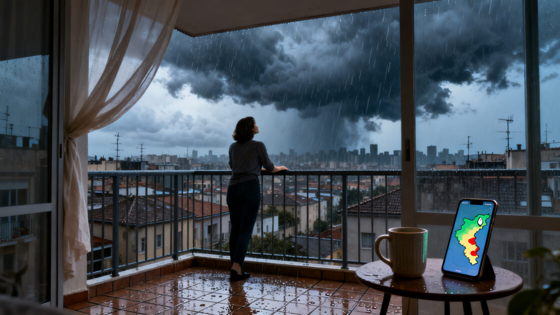 Mulher de costas na varanda observando nuvens de tempestade sobre a cidade, com celular na mesinha mostrando o radar de chuva