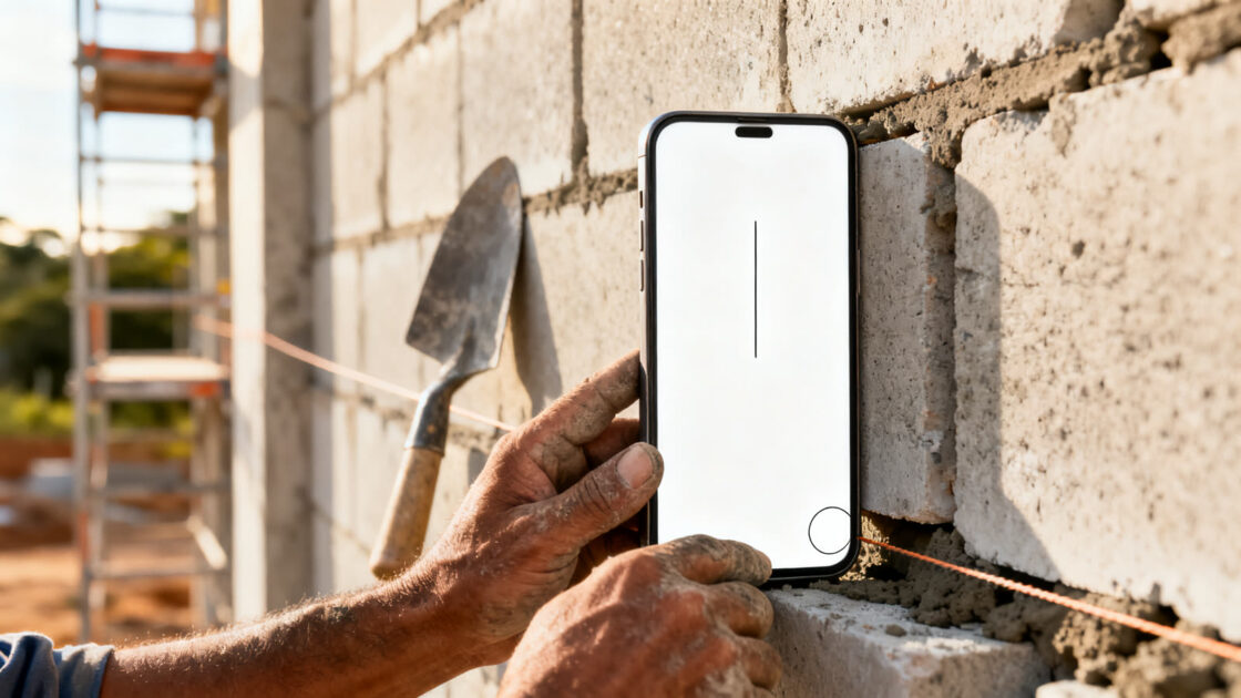 Pedreiro encostando o celular na parede de blocos para conferir o prumo