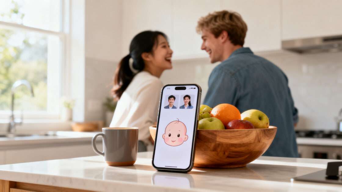 Celular apoiado na bancada da cozinha mostrando dois retratos e um desenho de rosto de bebê, com casal rindo desfocado ao fundo