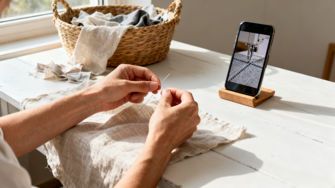Mãos passando a linha na agulha sobre um tecido claro, com um celular apoiado num suporte de madeira ao lado