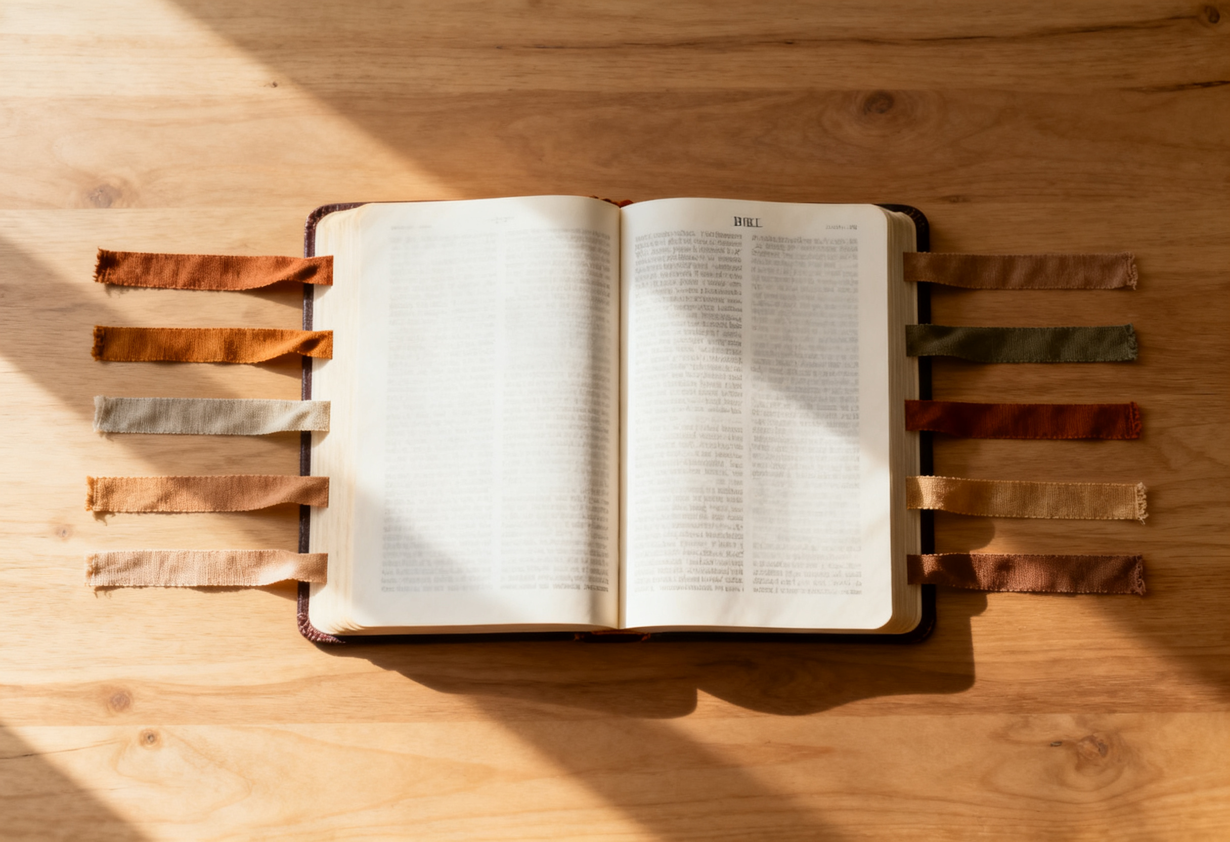 Biblia abierta con cintas marcadoras alineadas en orden sobre una mesa de madera
