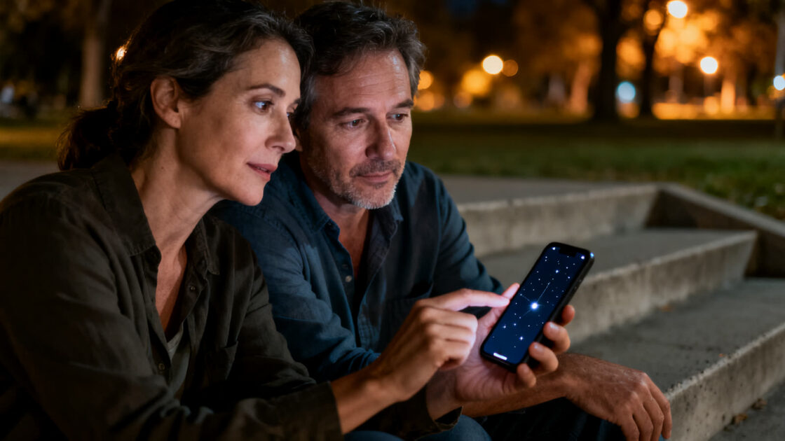 Duas pessoas sentadas à noite olhando o céu no celular