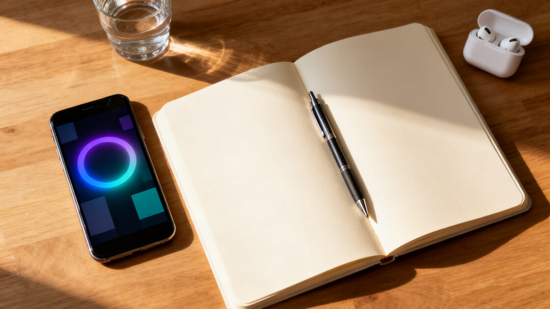 Mesa de trabalho vista de cima no fim da tarde com caderno, caneta e um celular exibindo um assistente de voz em escuta