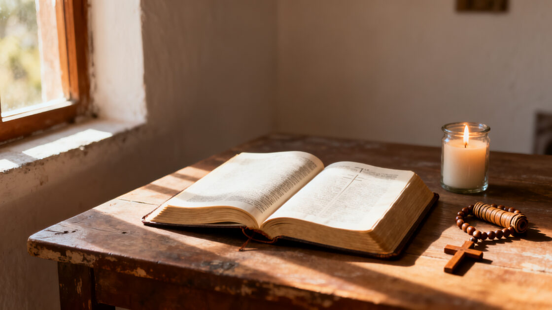 Biblia abierta en el libro de los Salmos sobre una mesa de madera, junto a una veladora encendida