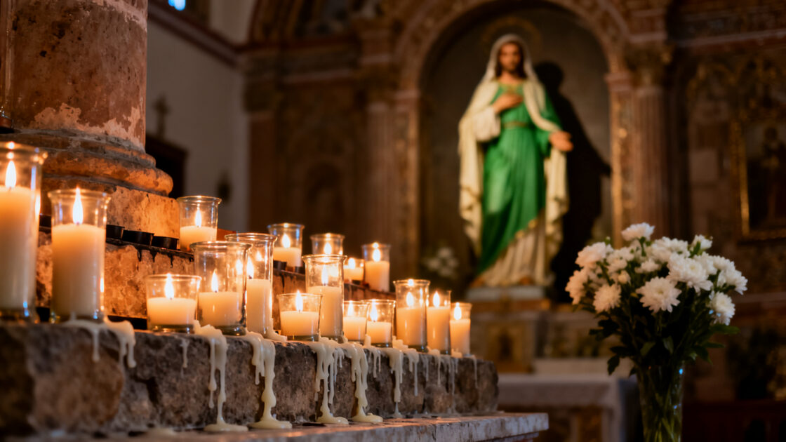 Veladoras encendidas frente a una imagen de San Judas Tadeo en una iglesia mexicana