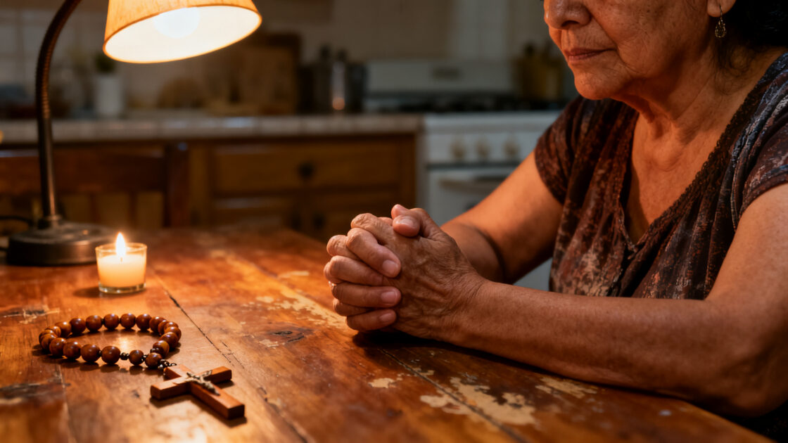 Manos de una mujer mayor entrelazadas en oración sobre una mesa, junto a un rosario