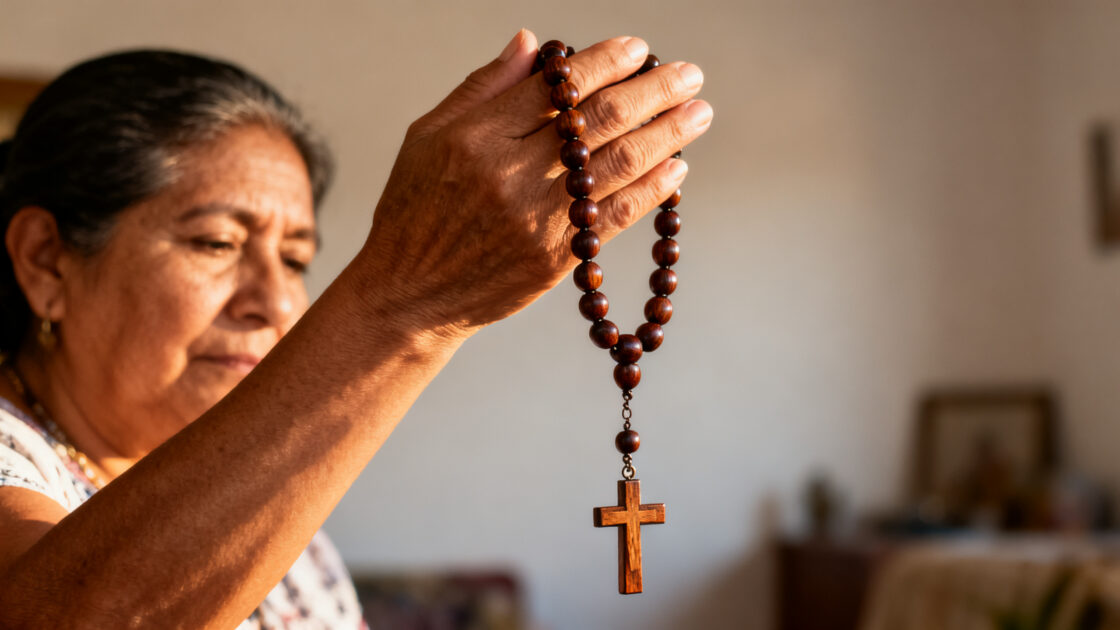 Rosario de cuentas de madera sostenido entre los dedos de una mujer