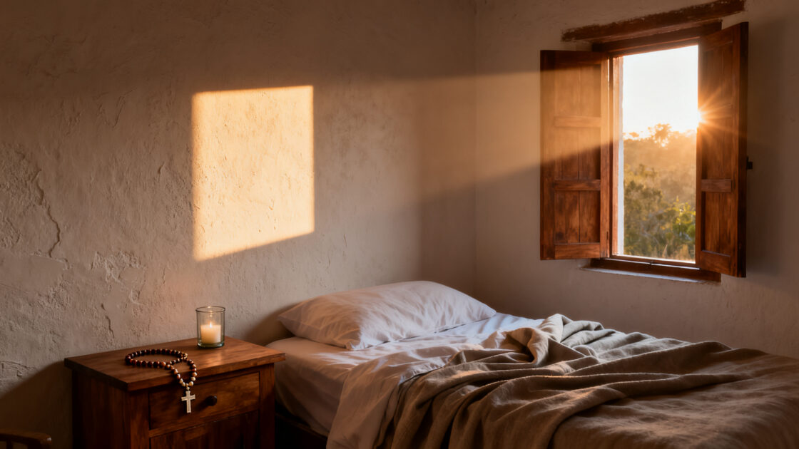 Luz de la mañana entrando por la ventana de una recámara sencilla