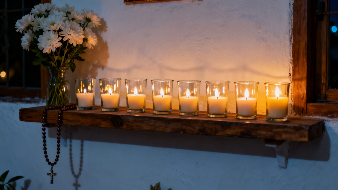 Nueve veladoras encendidas en fila sobre un altar casero