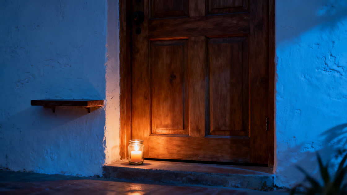Puerta de entrada de una casa mexicana al anochecer, con una veladora encendida en el umbral