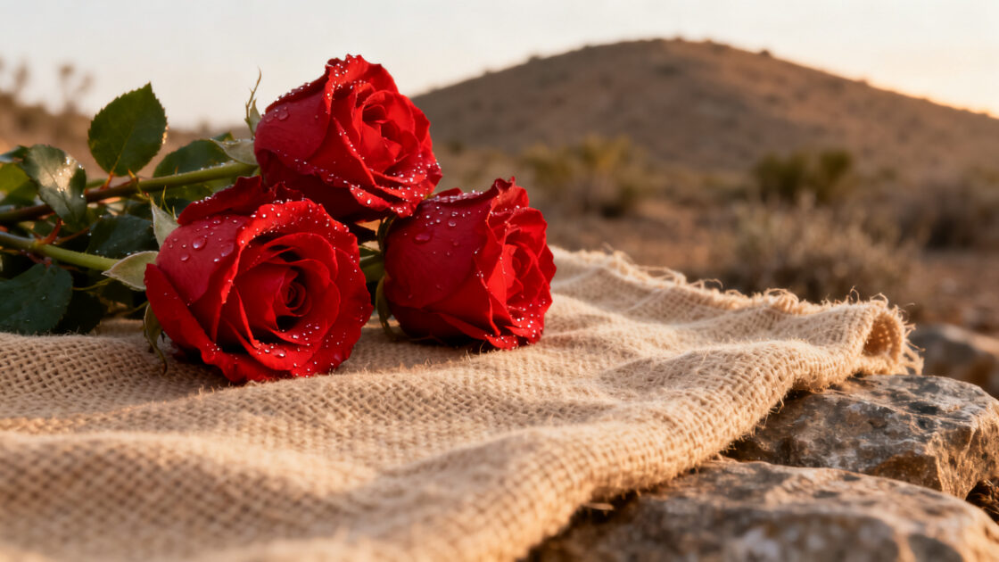 Rosas rojas frescas sobre una tela de fibra natural áspera, con luz cálida de mañana