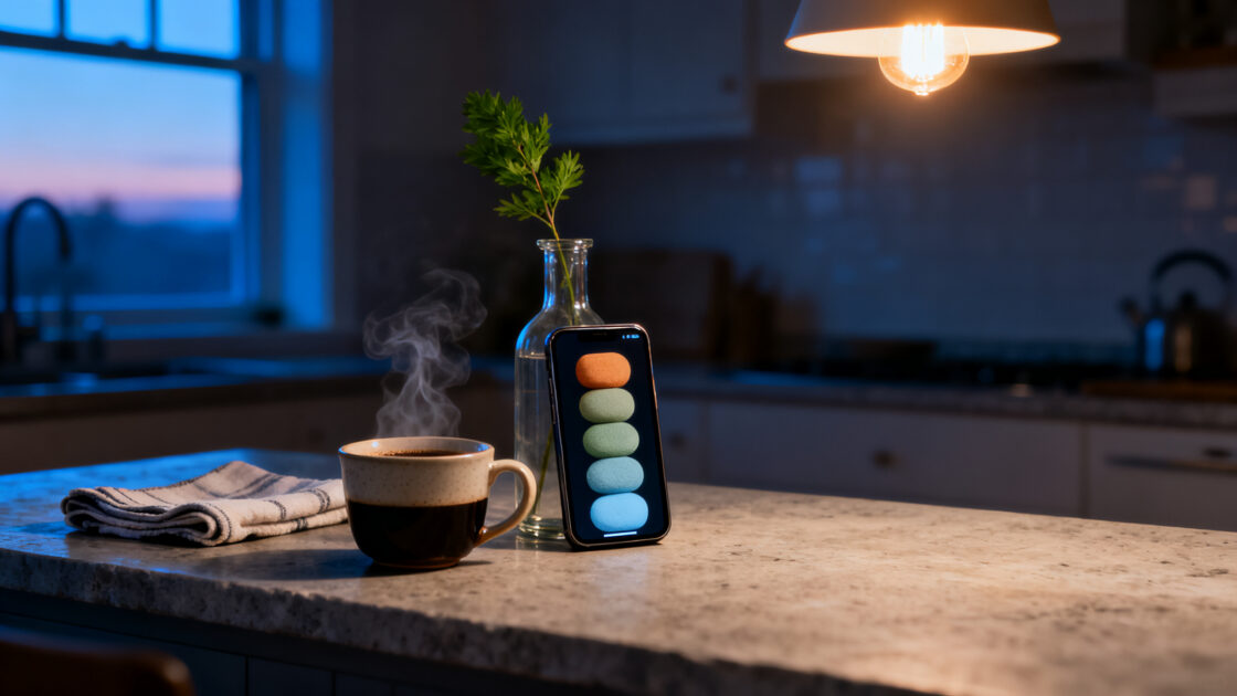 Bancada de cozinha ao amanhecer com xícara de café e um celular apoiado exibindo blocos coloridos de um plano do dia