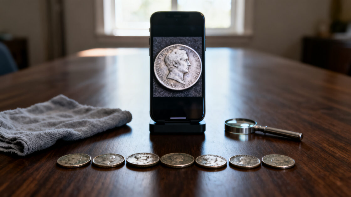 Moedas antigas alinhadas sobre uma mesa de madeira escura e um celular apoiado atrás exibindo a foto ampliada de uma moeda