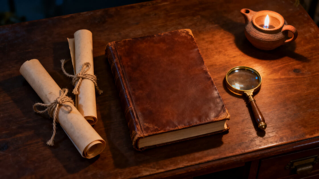 Rollos de pergamino atados y un libro antiguo cerrado sobre una mesa de archivo, a la luz de una lámpara de aceite