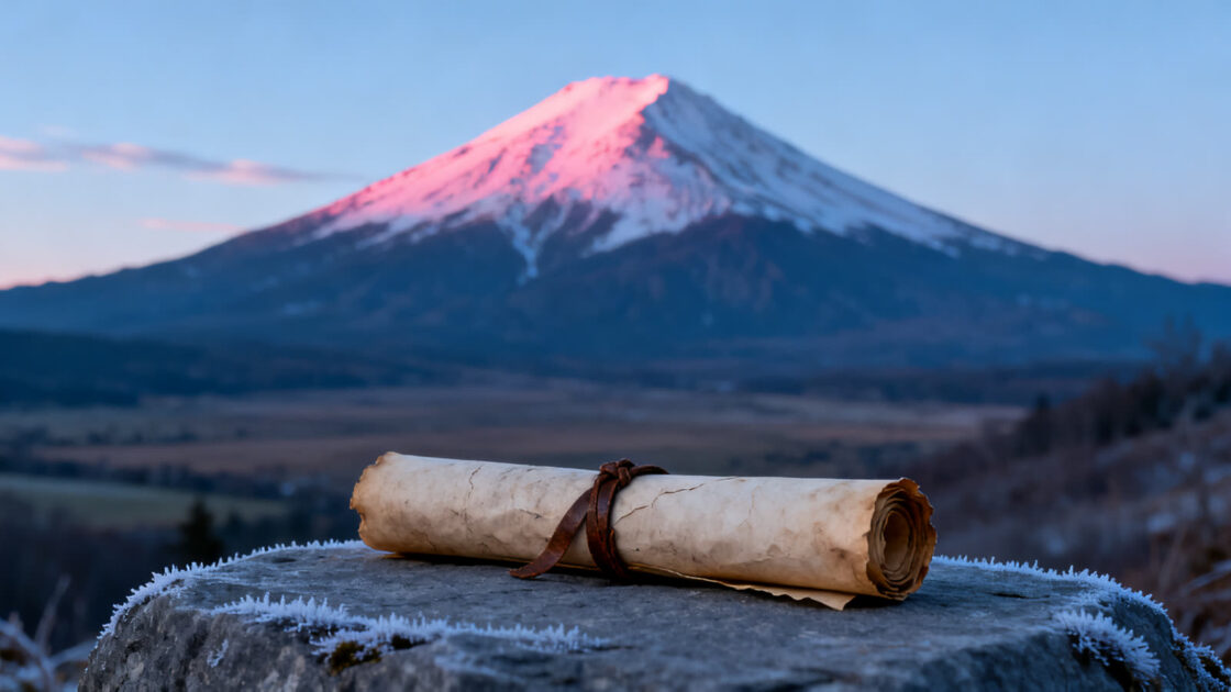 Un rollo antiguo sobre una roca, con una montaña nevada al amanecer al fondo