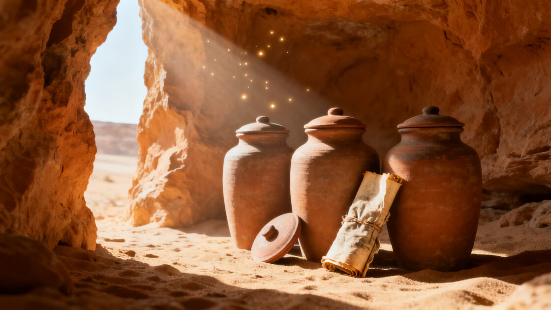 Tinajas de barro en una cueva del desierto, iluminadas por un rayo de sol