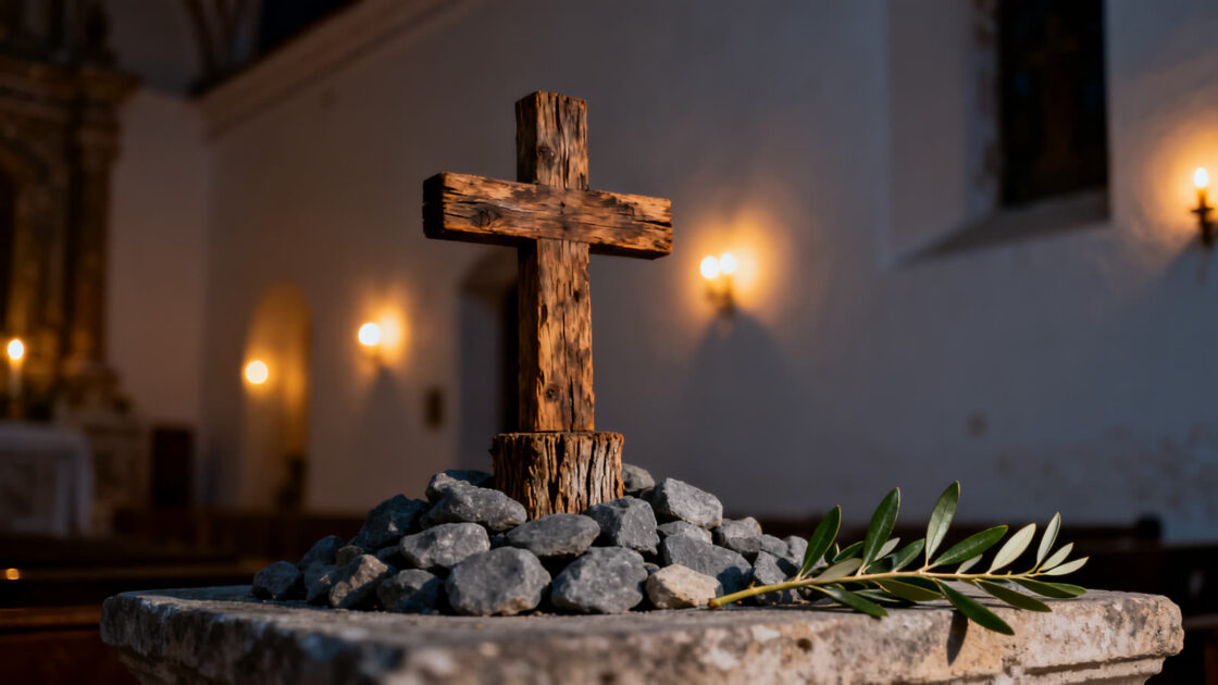 Una cruz de madera sobre un montón de piedras, con una rama de olivo, a la luz de las velas