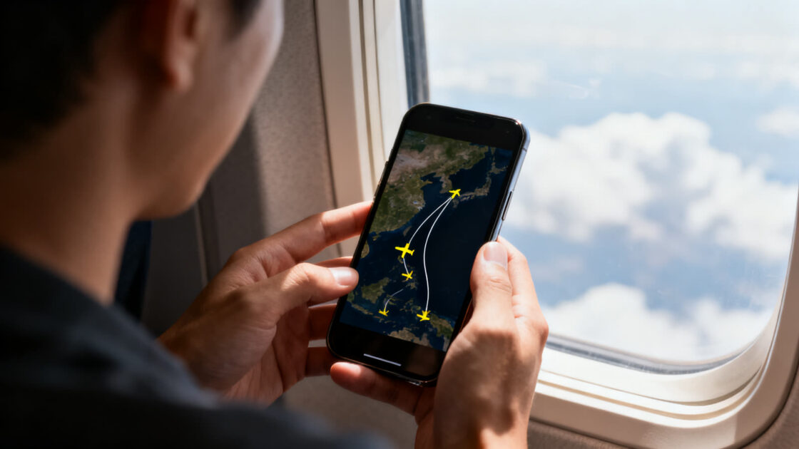 Passageiro acompanhando rotas de voo no celular na janela do avião