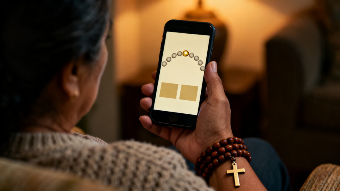 Mano de una mujer con un rosario de madera enrollado sosteniendo un celular, vista por encima del hombro