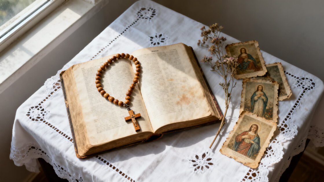 Rosario de madera sobre una Biblia abierta, con estampas devocionales antiguas a un lado