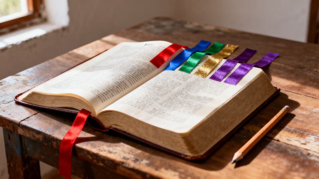 Biblia abierta sobre una mesa de madera, con cintas marcadoras de colores saliendo en orden y un lápiz al lado