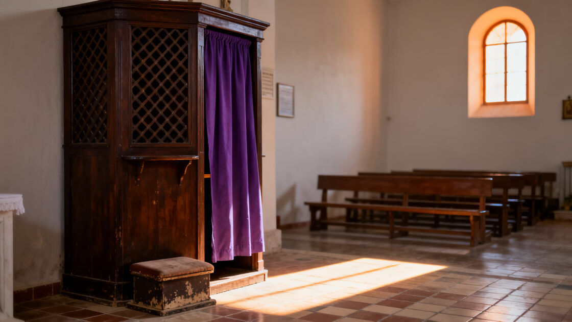 Confesionario de madera en una iglesia sencilla, iluminado por la luz de una ventana lateral