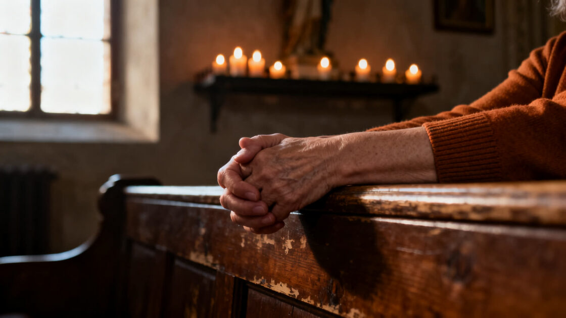Manos de una mujer entrelazadas sobre el respaldo de una banca de iglesia, con veladoras encendidas al fondo
