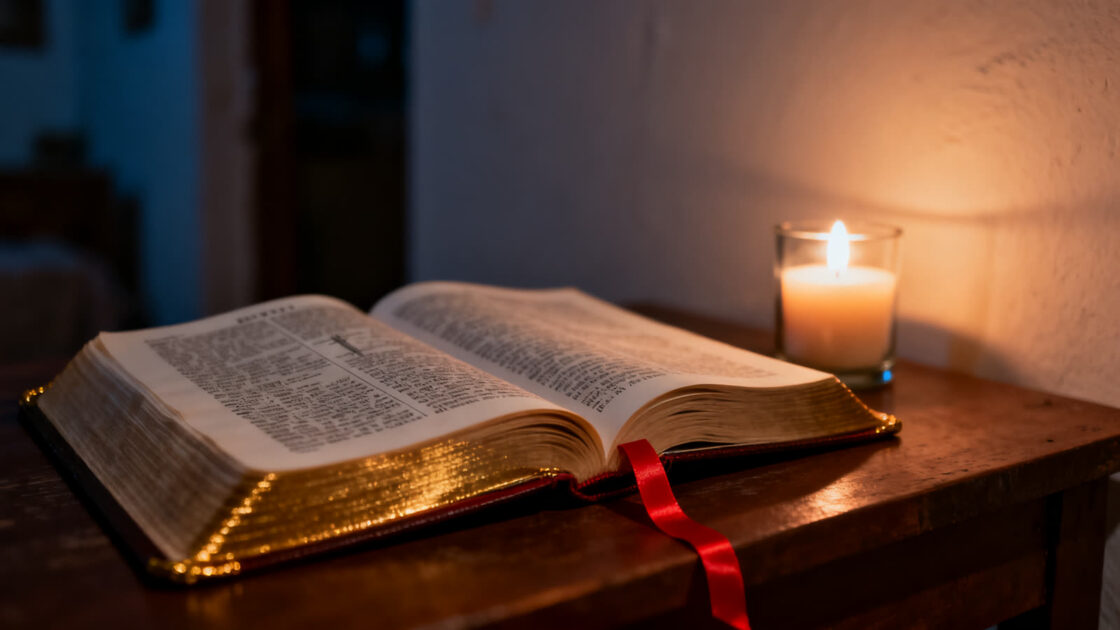 Biblia abierta en el libro de los Salmos, de noche, iluminada por la luz de una veladora