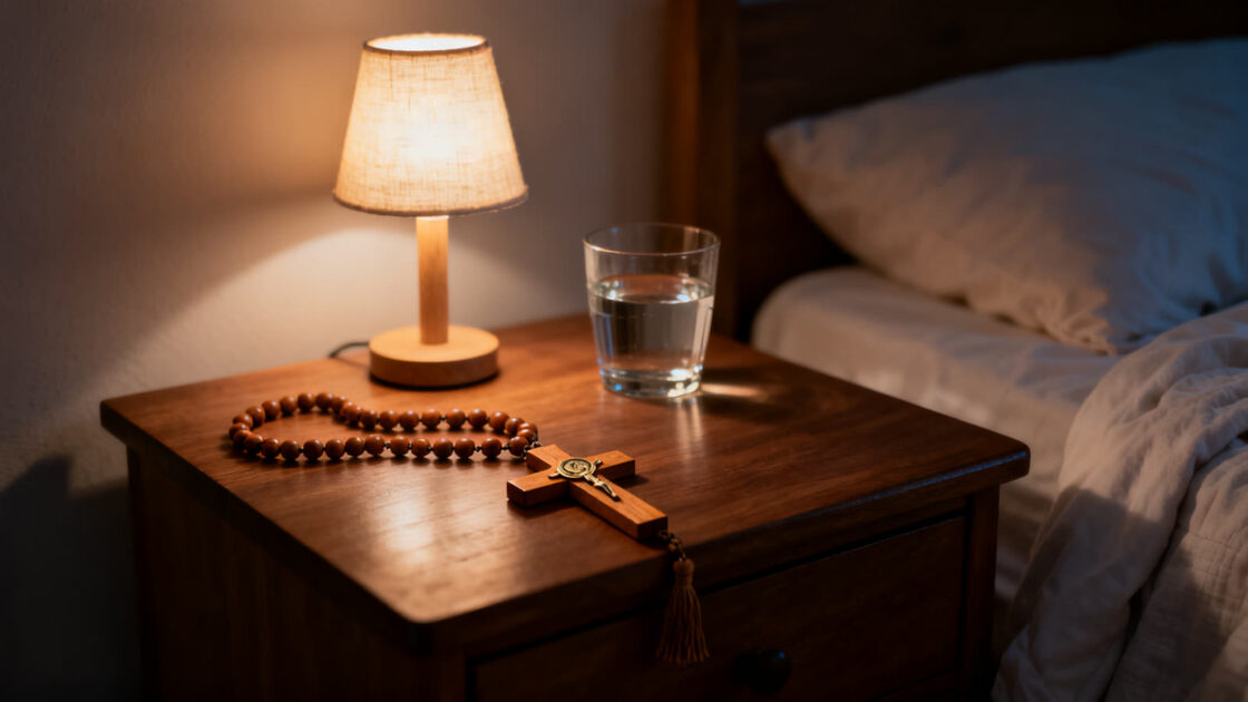 Mesa de noche con una lámpara de luz baja, un rosario y un vaso de agua en una recámara en penumbra