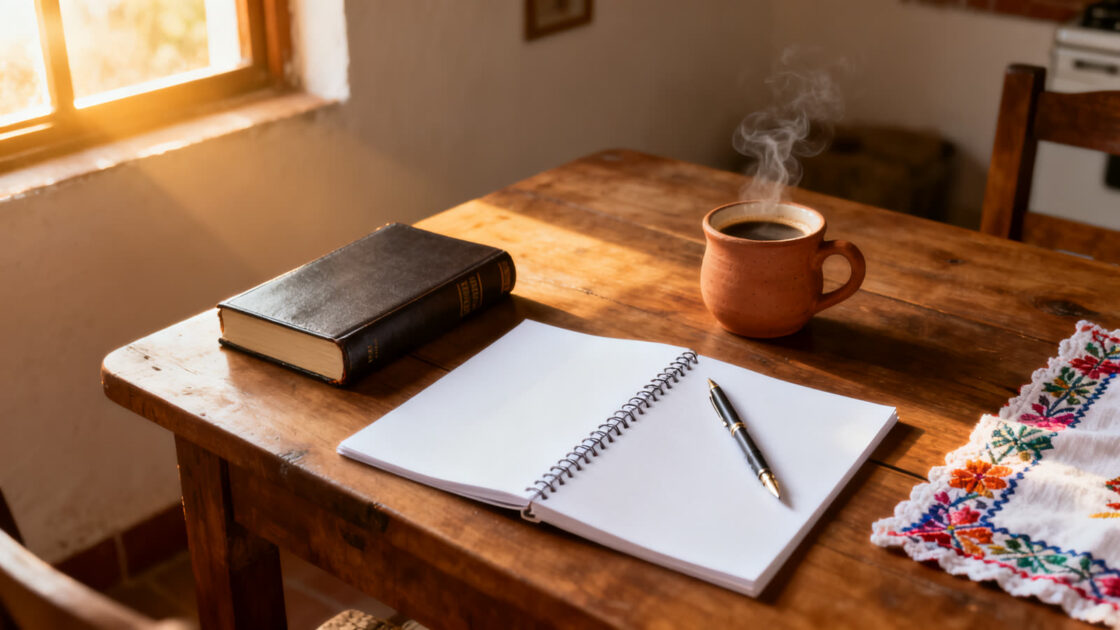 Biblia cerrada junto a un cuaderno abierto con las hojas en blanco, una pluma y una taza de café, con luz de la mañana