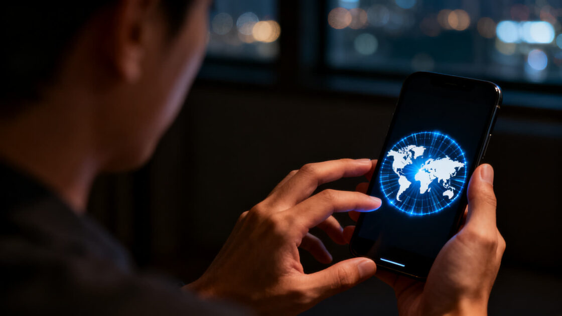 Pessoa olhando no celular um mapa-múndi circular à noite